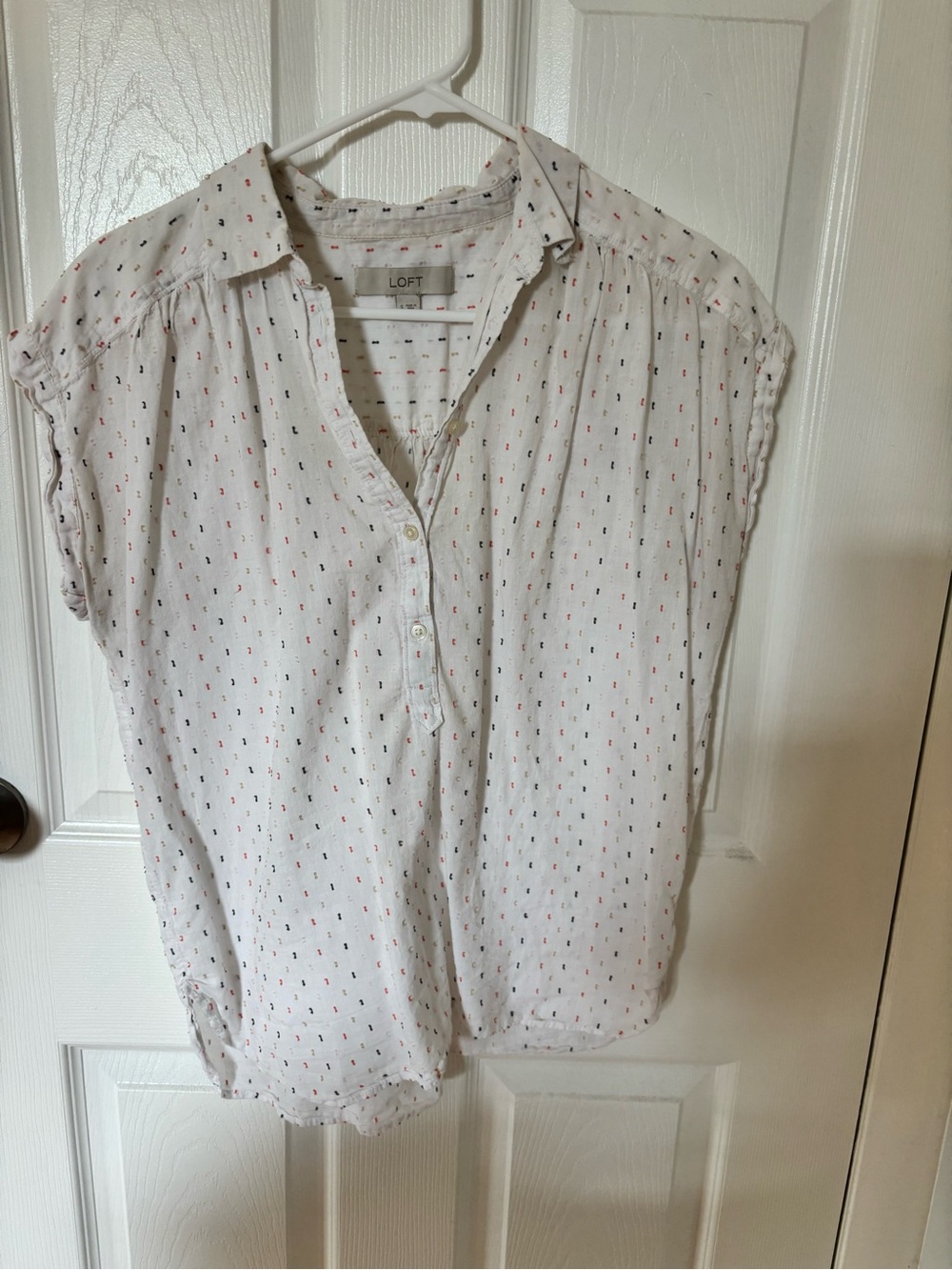 LOFT White Cap-Sleeve Henley Blouse with Tiny Red & Navy Dot Print